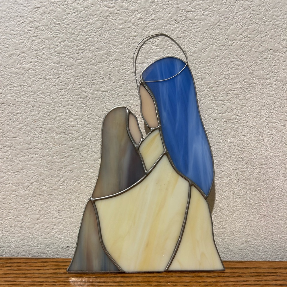 Stained Glass Art Nativity with Blue and Cream Accents